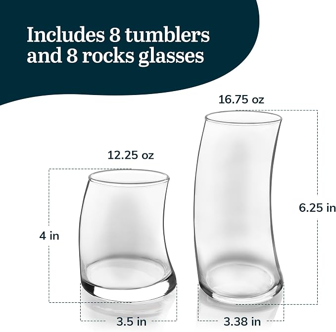 Libbey Swerve Drinking Glasses Set of 16, Chip-Resistant Tumbler and Rocks Glass Cups Set, Fun, Edgy Everyday Drinking Glasses for Special Events