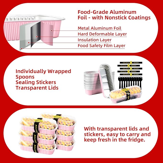 Mini Loaf Pans with Lids and Spoons Sealing Sticker,6.8oz Cake Pans for Baking Disposable Aluminum Foil Pink/Red cake pan (30, Pink)