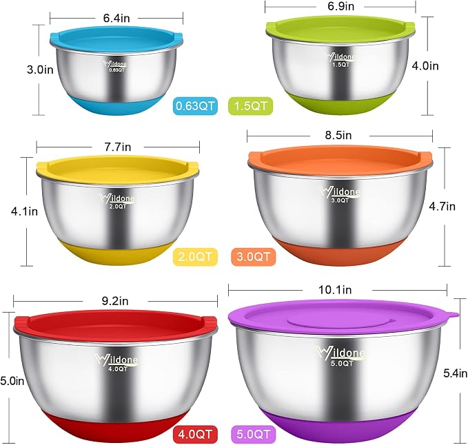 Wildone Mixing Bowls with Airtight Lids, Stainless Steel Mixing Bowls Set | Metal Bowls with 3 Grater Attachments & Non-Slip Bottom, Size 5, 4, 3, 2,1.5, 0.63QT, Includes Utensil Set for Prep, Colored