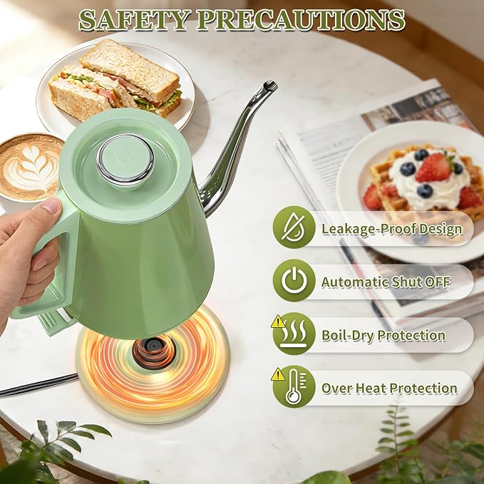 Gooseneck Electric Kettle 0.8L, 1200W Fast Boiling Stainless Steel – Auto Shut-Off, Precision Pour Over Kettle for Coffee & Tea, Ideal for Small Kitchen, RV, Travel (Green)