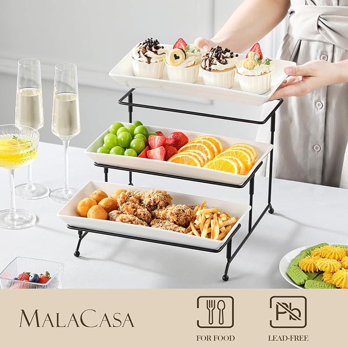 MALACASA 3 Tier Serving Trays for Party, Porcelain Serving Platters and Trays, 12 Inch Tiered Tray Stand, Fruit Tray, Trays for Serving Food, White Dessert Stand with Collapsible Sturdier Metal Rack | Tiered Serving Stand for Party, Fruit Tray, Trays f...