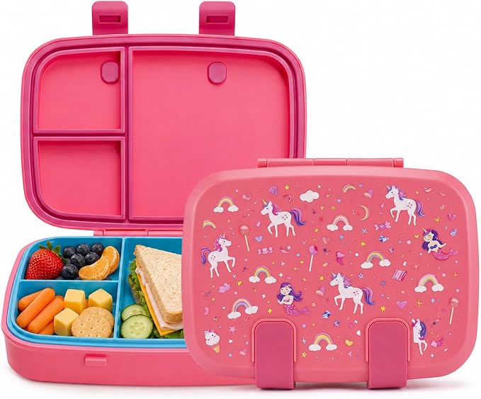 MISS BIG Microwave Safe Bento Box for Kids, Pink Mermaid Unicorn, 800ml | Kids lunch box with 3 compartments for preschool, daycare, school meals, snacks, and everyday kid portions