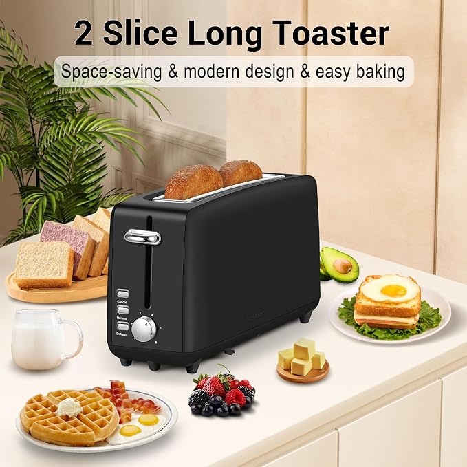 SEEDEEM Stainless Steel Toaster 2 Slice Slim, 10" Single Long Slot, Black | 6 Shade Settings, Extra Wide Slot Fits Bagels & Artisan Bread, Defrost, Cancel Function, Removable Crumb Tray