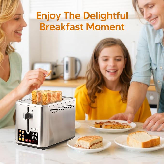 Smart Touch Screen 2 Slice Toaster, Wide Slot,Stainless Steel | 900W digital toaster with 6 shade levels, bagel, defrost, reheat, cancel, crumb tray, and cord wrap for small kitchens