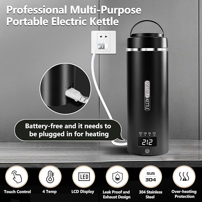 Travel Kettle, Portable Electric Kettle for 4 Temperature Controls, Black | 304 Stainless Steel Liner, Auto Shut-off, 300W (120V) Fast Boiling, Water Bottle for Business Trips, Dorm & Office, 450ml