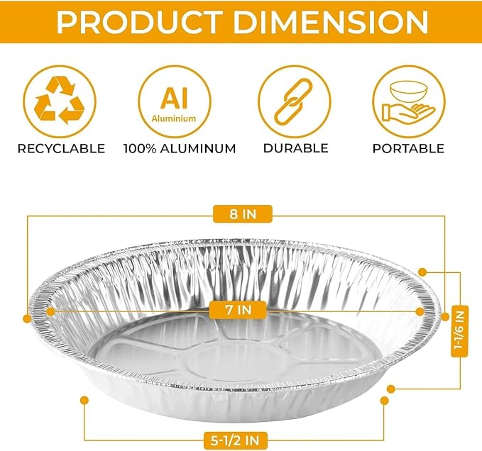 Aluminum Foil Pie Pans, 8 inch Tart Tins, 100 ct. | Made in USA, 7" Inner Diameter, Disposable Foil, Freezer & Oven Safe, For Pies, Quiche & Tarts