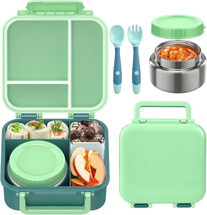 Kids Bento Lunch Box with Soup Thermo (9oz)– Hot & Cold Lunch Container with Leak Proof Insulated Food Jar for School Girls Boys, Ideal Size for Ages 3 to 7, Green