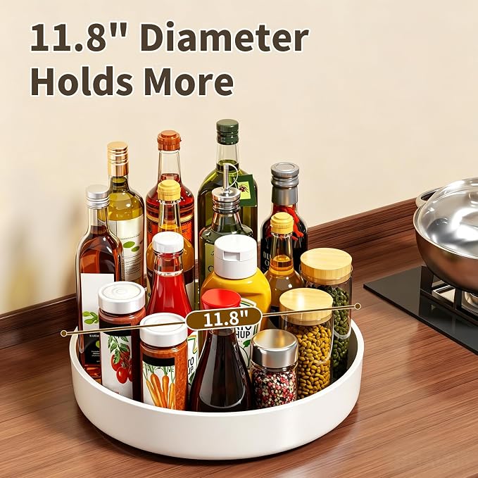 11.8" Lazy Susan Organizer for Cabinet, Turntable Spice Rack with Non-Slip Base & Raised Lip, Pantry Organization and Storage, Kitchen, Fridge, Makeup Vanity, Bathroom Countertop, Under Sink