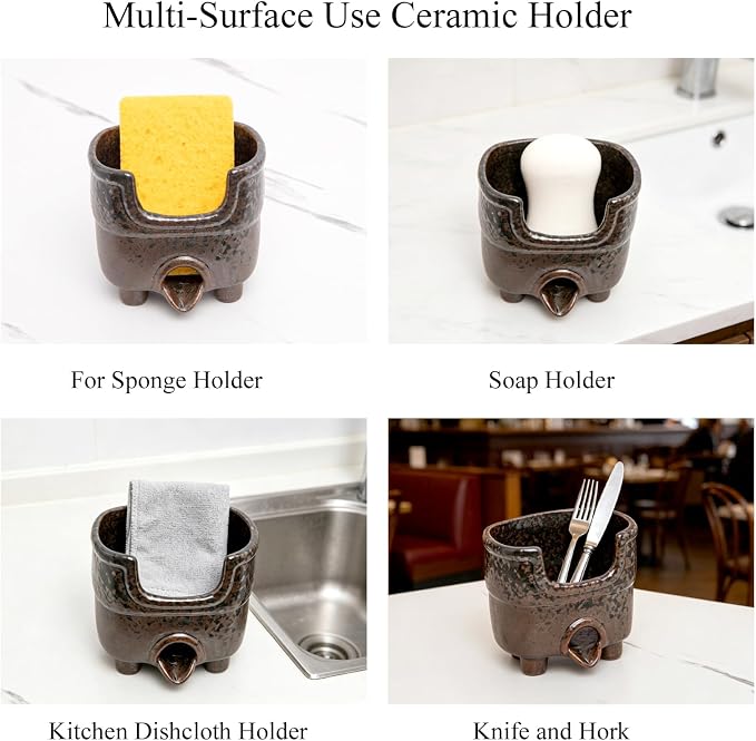 Kitchen Sponge Holder with Drainage, Ceramic Vintage Sink Caddy Organizer | Self draining sink caddy. Holds Scrubbers, sponge, soap. Rustic farmhouse kitchen countertop decor. Handmade reactive glaze