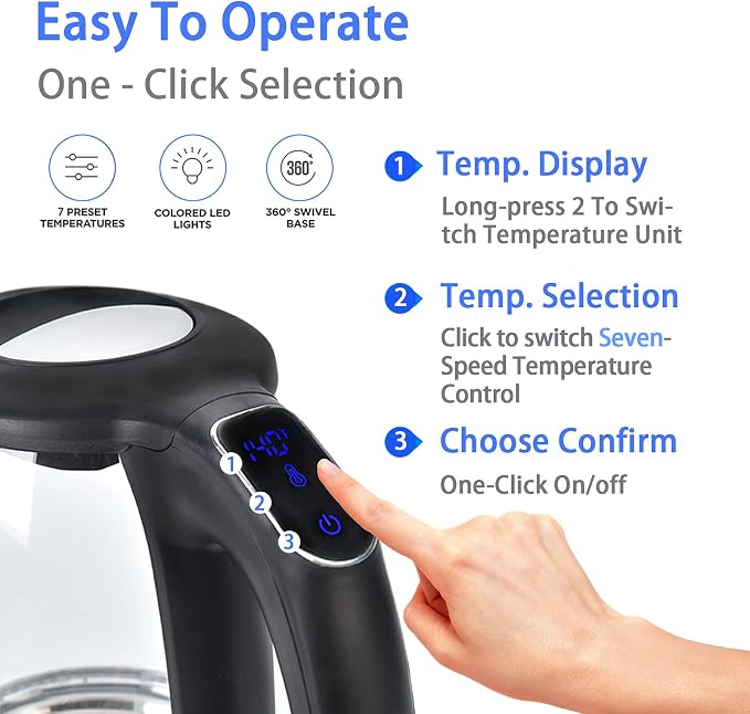 ShanSon 1.7L Electric Glass Kettle 1500W Temperature Control Fast Water Boiler BPA Free Auto Shut-off Protection Electric Teapot with Led Touch Screen and Two-year Quality Guarantee