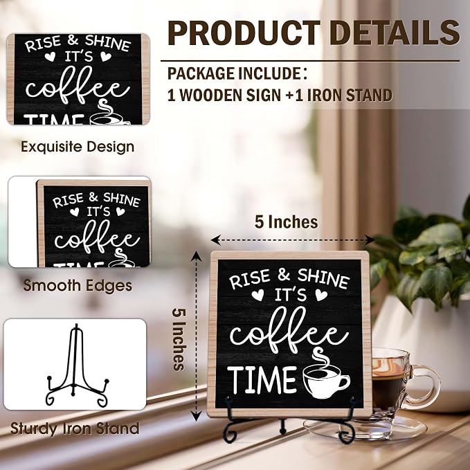 Rustic Coffee Bar Decor, 5"x5" Coffee Bar Sign | Rise & Shine It's Coffee Time Wood Plaque with Stand | Farmhouse Gift for Home Kitchen Tabletop Desk - A02