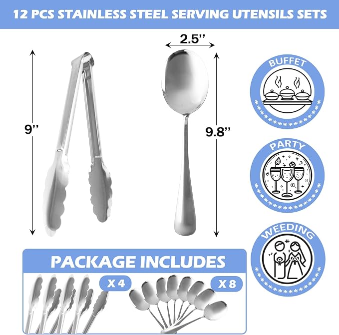 12PCS Silver Serving Utensils Set,Includes 8 large serving spoons,4 serving tongs