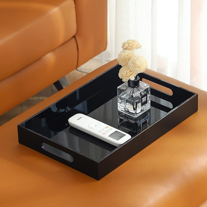 Black Oversize Acrylic Serving Tray with Handles 10x15 Inch -Spill Proof- Decorative Trays Countertop Organizer for Ottoman,Nightstand, Sidetable, Butler (10X15 Inch, Black)