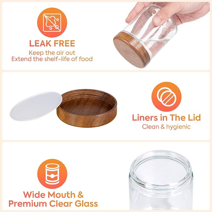 Glass Spice Containers for Kitchen: 12P 8oz Dishwasher Safe Jars | Acacia Wood Lids Round Seasoning Jars w/Lables/Liners for Rack/Cabinet/Drawer
