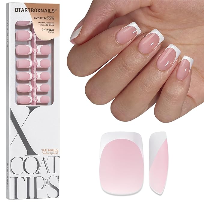 BTArtboxnails XCOATTIPS White French Tip Press On Nails, S Square, Pink | Lamp-Curable 4-Week Wear, Salon Quality Value at Home, Natural Nail Look, Easy-to-Apply for Beginners, 160ct Nail Tips Only