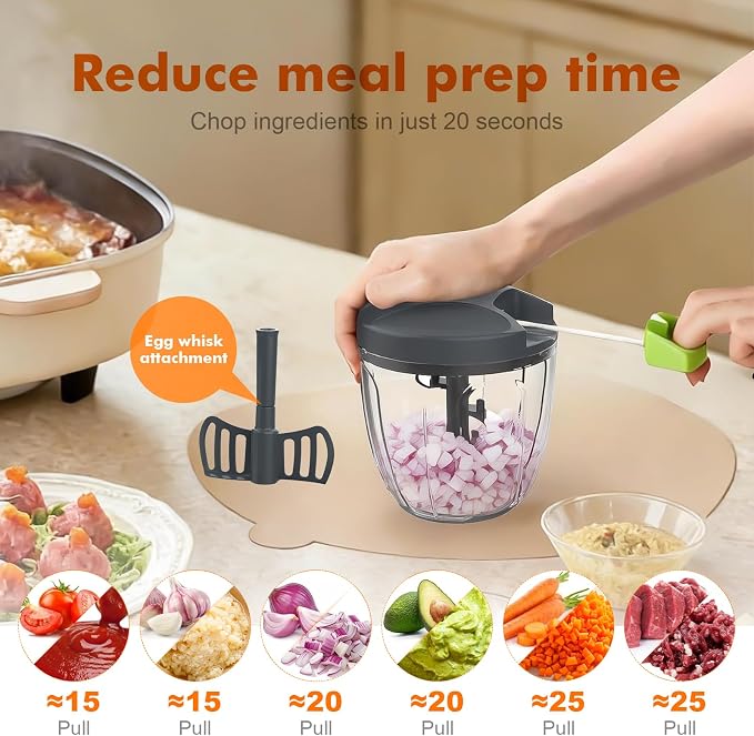 Ibergrif Manual Food Processor Vegetable Chopper, Portable Onion Chopper Garlic Mincer with Hand Pull String Cutter for for Veggies, Ginger, Egg, Fruits, Nuts, Herbs, 900ml, for Kitchen, Camping, RV