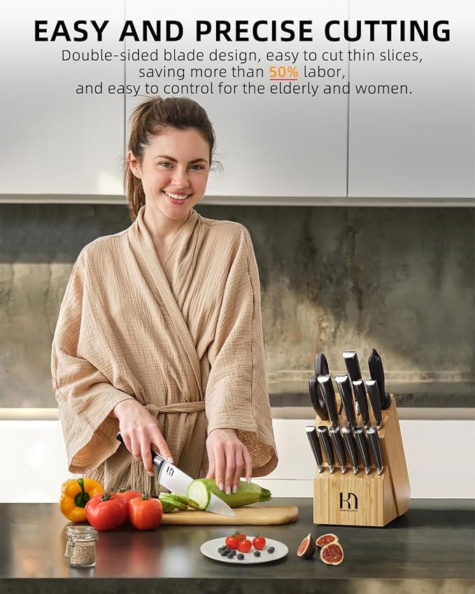 KnifeSaga Knife Set 15 Pcs Kitchen Knife Block Set, Enduring Razor-Sharp High Carbon Stainless Steel Knife Set with Block and Sharpener, Premium Knives Set for Kitchen, Natural Bamboo Valentine's Gift