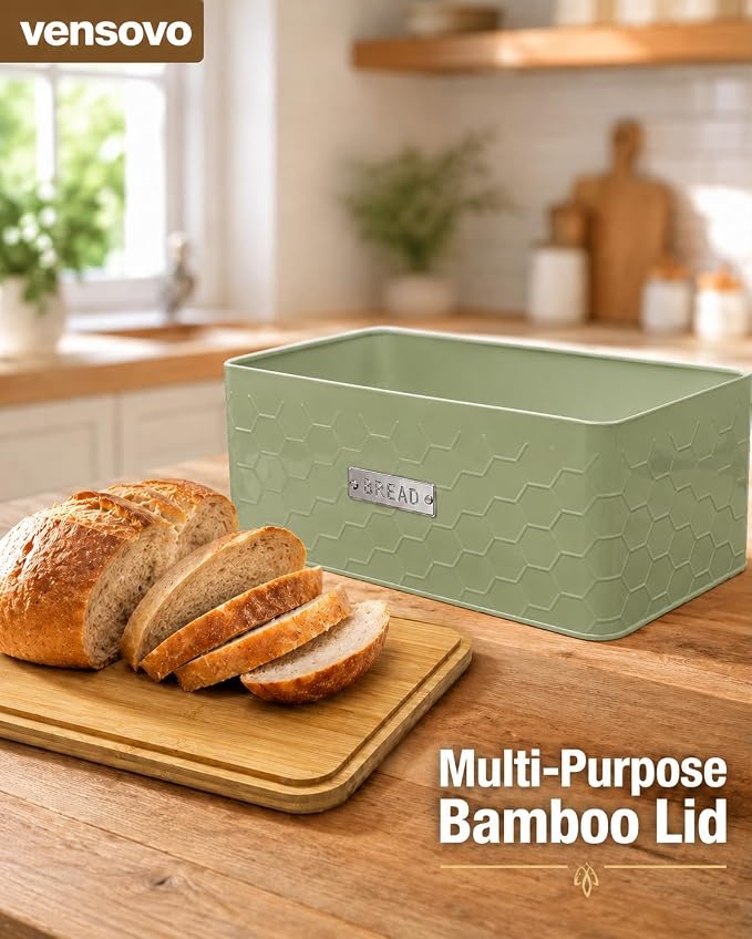 Bread Box for Countertop, Small Green Metal Bin with Bamboo Lid | Small farmhouse bread storage container and bread bin with cutting board lid for homemade bread and baked goods organization.