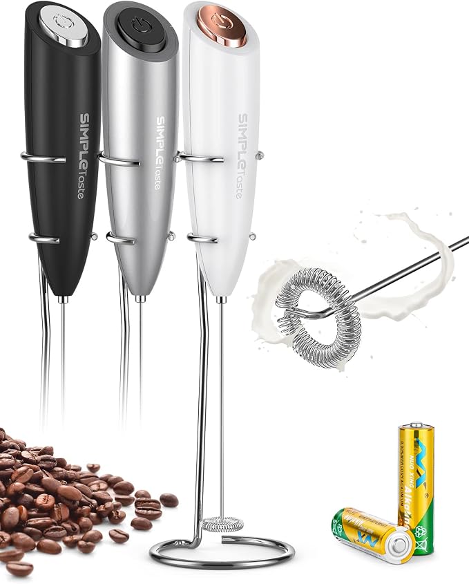 SIMPLETASTE Milk Frother Handheld Electric Foam Maker Battery Operated | Drink Mixer with Stainless Steel Whisk for Cappuccino, Bulletproof Coffee, Latte, White, with Stand