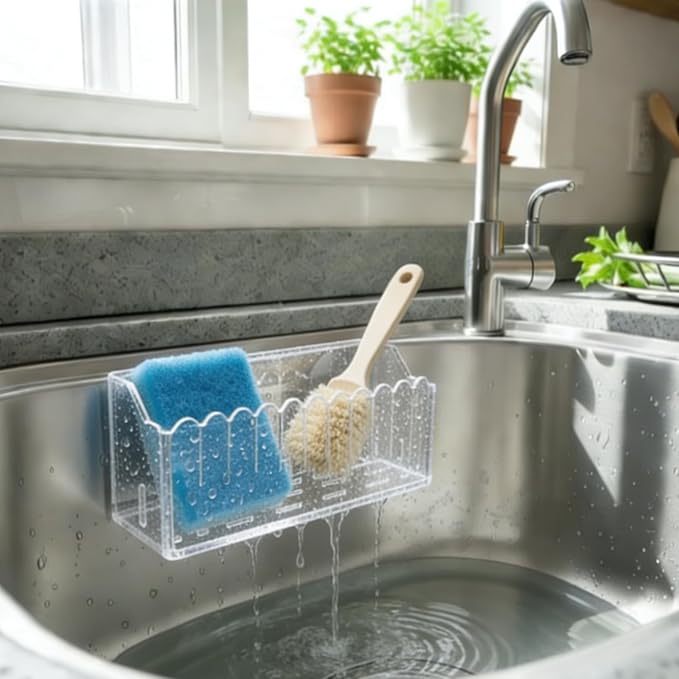 Kitchen Sink Caddy Organizer, Suction Cup Wall Mount Storage Rack for Sponges and Dish Soap (Transparent)