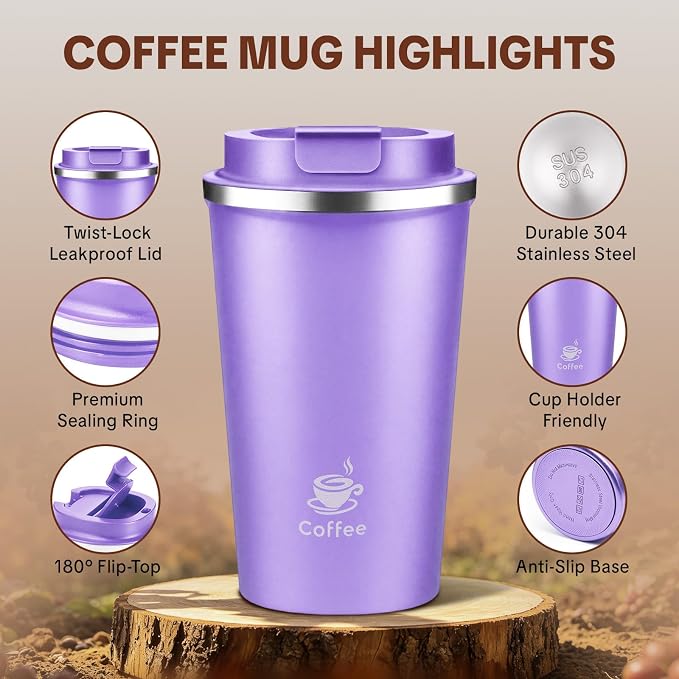 17oz Travel Coffee Mug ,Leakproof Vacuum Coffee Cup Insulated Tumbler | 304 Stainless Steel, Double-Wall Vacuum Insulated, Leakproof, Fits Hot & Cold Drinks Car Cup Holders, Travel, Office