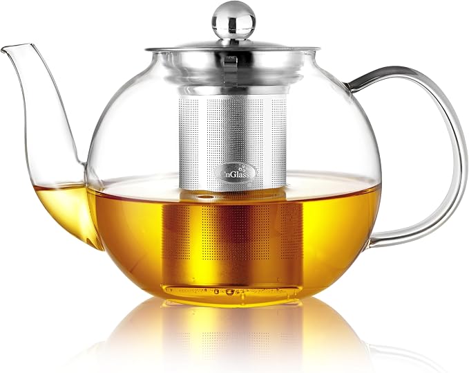 CNGLASS 40oz Glass Teapot with Removable Infuser,Clear Tea Kettle Stovetop Safe,Blooming and Loose Leaf Tea Maker Set