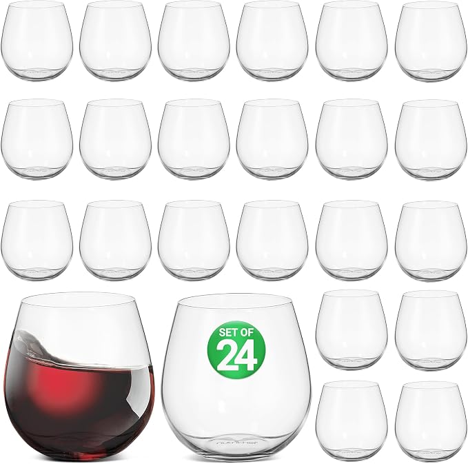 NutriChef 15 Oz Stemless Wine Glasses - Set of 12, Ultra Thin, Shatter-Resistant, Dishwasher Safe, Hand Blown - Gift for Wine Lovers, 2 PACK, 24 Glasses