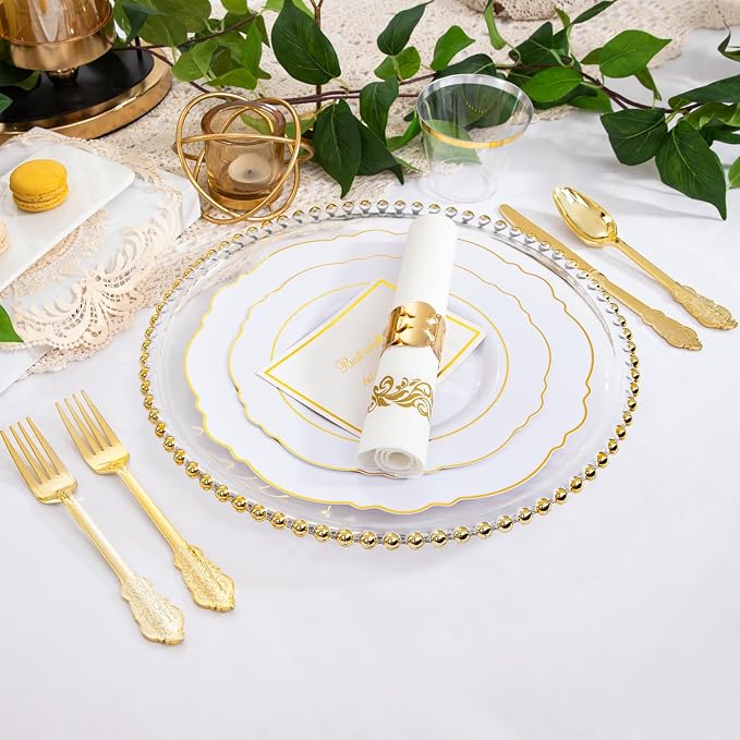 350 Pieces Gold Disposable Plates for 50 Guests, Plastic Plates for Party, Dinnerware Set of 50 Dinner Plates, 50 Salad Plate, 50 Spoons, 50 Forks, 50 Knives, 50 Cups for Wedding/Party