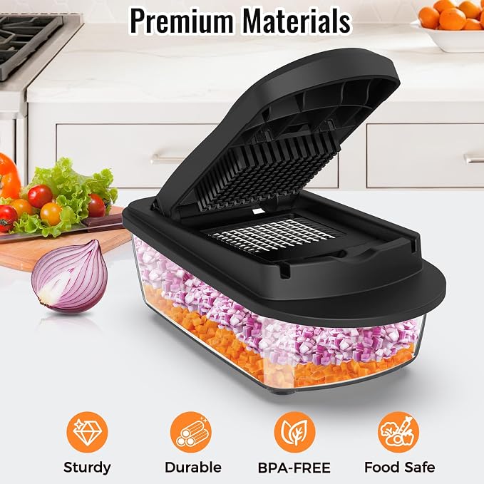 8 Blade All-in-1 Vegetable Chopper Mandoline Slicer with Container, Black | Food Chopper, Onion Chopper, Veggie Cutter for Salad, Kitchen Gadgets Accessories Essentials