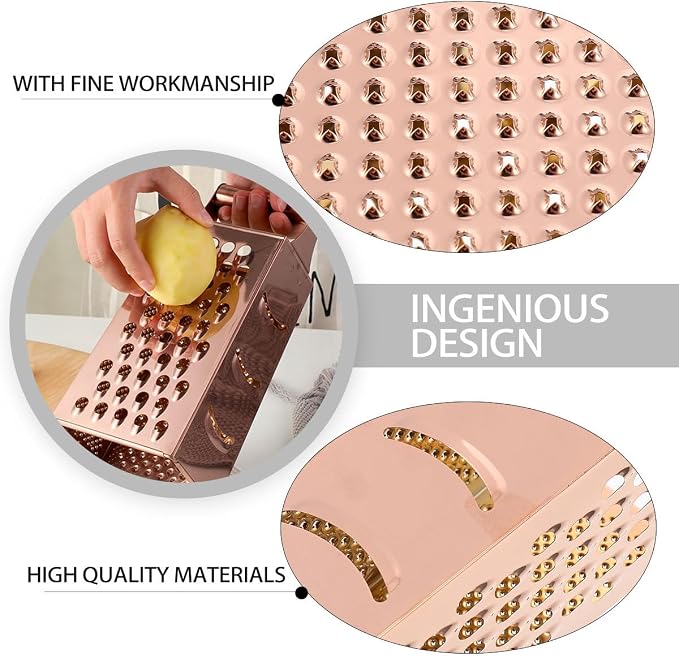 DOITOOL Professional Cheese Grater, Box Grater for Cheese Stainless Steel Vegetable Slicer 4 Sided Food Shredder Food Slicer for Vegetables, Ginger, Potatoes, Rose Golden