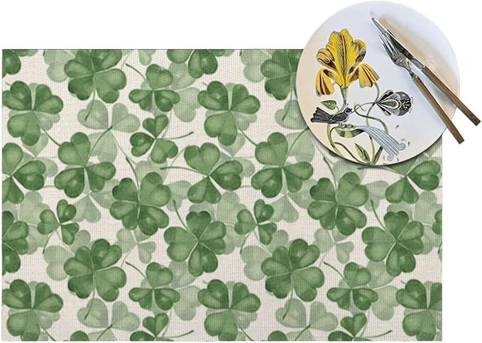 St Patricks Day Placemats Set of 4, Dark Green Clover Shamrock Decorative Table Mat 12 x 18 Inch Heat Resistant Non Slip Line Fabric Place mat for Holiday Party Kitchen Dining Decor