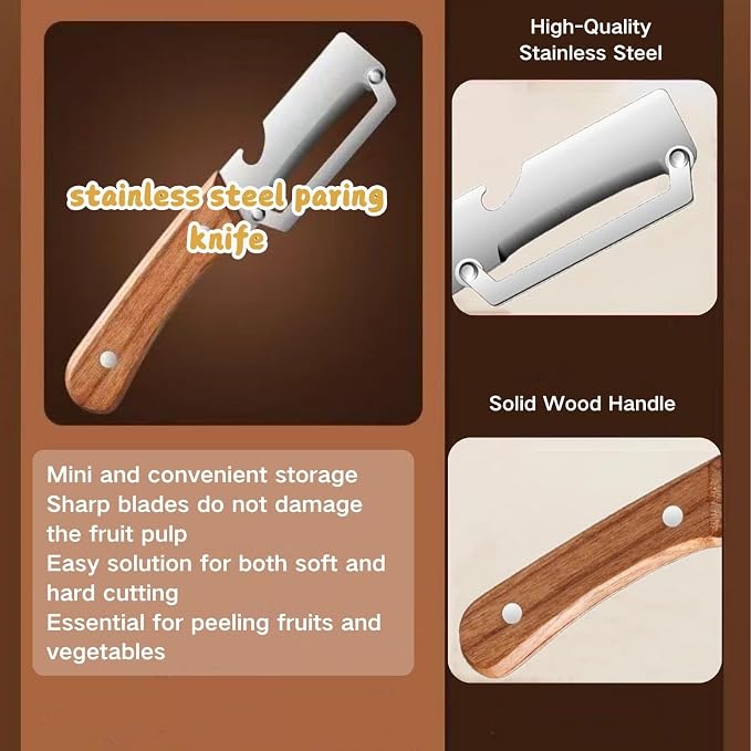 2 PCS Multi-Functional Kitchen Peeler, Vegetable Peeler, Wooden Kitchen Tool, Premium Wooden Handle - Stainless Steel Single Blade & Built-In Bottle Opener, Suitable for Peelable Vegetables & Fruits