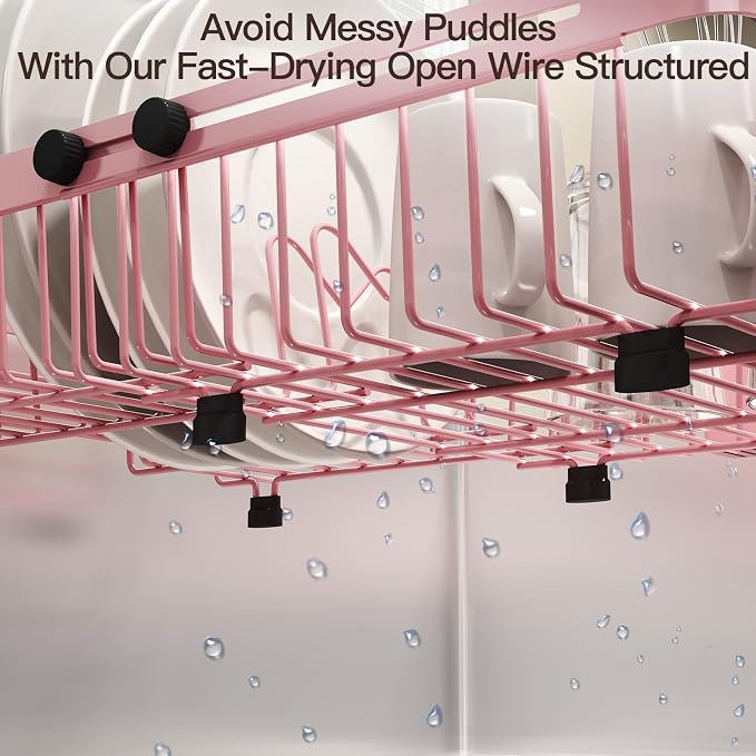 Pink Dish Drying Rack Over The Sink with Utensil Holder | Expandable Stainless Steel Dish Drainer for Small Kitchen, Apartment, RV, Counter Space Saving, Perfect Fit, Rustproof