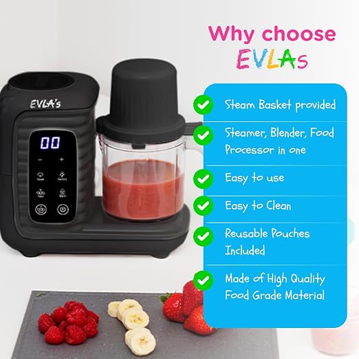 EVLA'S Double Baby Food Maker with 2 Steaming Baskets, Steamer, Blender, Grinder, Food Processor, Cook & Blends Healthy Baby Food in Minutes, Touch Screen, with 6 food pouches, Dark Grey | Blend, Grind, Steam, and Cook Homemade Baby Food, Double Cup Ma...