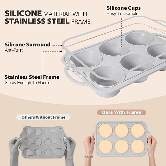 Jumbo Silicone Muffin Pan with Frame, Non Stick Large Cupcake Baking Tin | Silicone Cupcake Pan with Handles 6 Cup, BPA Free Silicon Muffin Tin Tray Extra Large for Baking Egg Bites Mold Light Grey