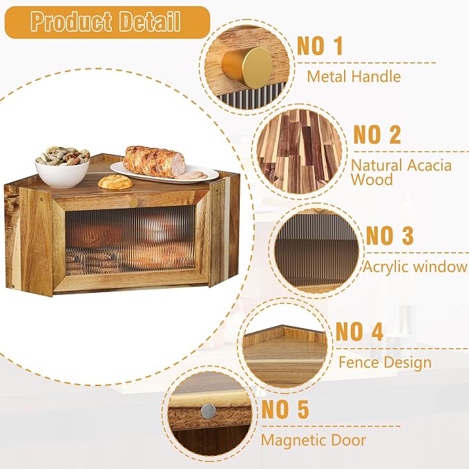 Trironsun Stylish Acacia Corner Bread Box for Kitchen Counter Wood Large Capacity Rustic Bread Storage Container with Wavy Arcylic Transparent Door for Homemade Bread (Acacia Wood)