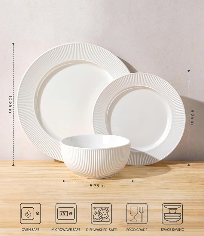 Ceramic Dinnerware Set for 6, 18-Piece Plates and Bowls Set | Lightweight Porcelain Dish Set, Scratch Resistant, Oven & Microwave & Dishwasher Safe, Bright White