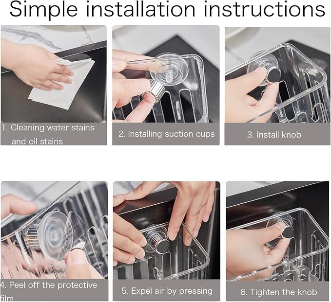 Kitchen Sink Caddy Organizer, Suction Cup Wall Mount Storage Rack for Sponges and Dish Soap (Transparent)