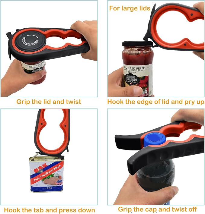 Jar & Bottle Opener with Gripper Pad for Weak Hands, Seniors with Arthritis | Multifunction Lid Opener & Kitchen Gadgets, Adjustable, Non-slip, Effortlessly Open Jar Lids Bottle Caps and Pull-tab Cans