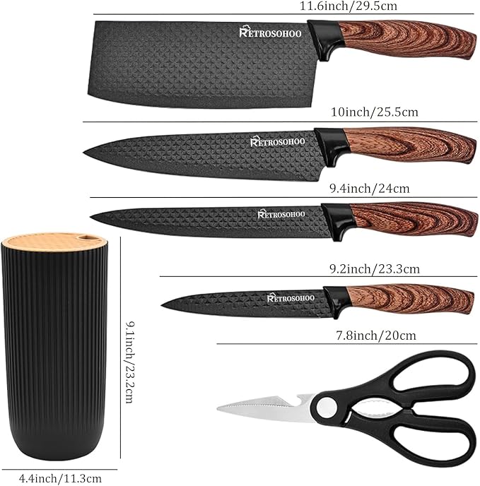 Kitchen Knife Set, Retrosohoo 6-Pieces Khaki Sharp Knife Block Set for Kitchen, Non-stick Non-slip Stainless Steel Chef Knife Set with Universal Knife Block Suitable for Home Restaurant (Black)
