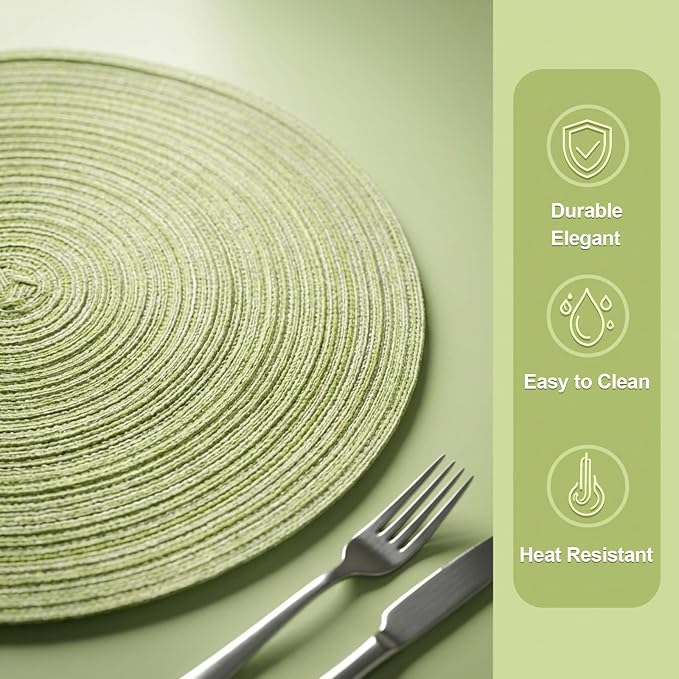 AHHFSMEI Round Braided Placemats Set of 6 Woven Table Mats for Dining Table Heat Resistant Easy to Clean Perfect for Kitchen & Home Decor (Light Green)