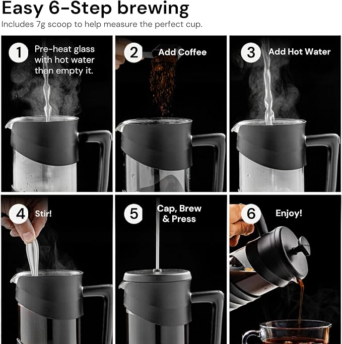 OVENTE 34oz French Press Coffee Maker with 4-Level Filtration, Black FPW34B | Heat-Resistant Borosilicate Glass Cafetiere, Dishwasher Safe Stainless Steel Filter, Compact Cold Brew for Travel and Camping