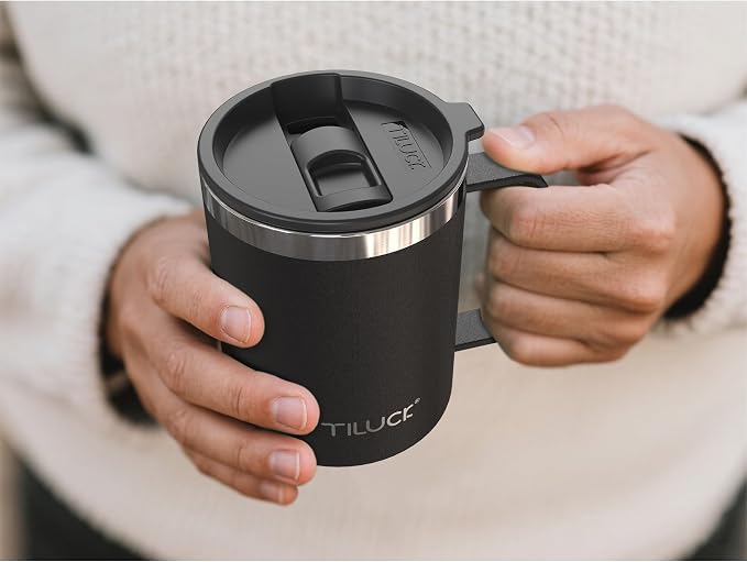 TILUCK 12 oz Insulated Coffee Mug with Lid and Handle | BPA-Free Lid, Double-Wall Vacuum Insulation, Stainless Steel Coffee Cup, Dishwasher Safe Mug for Hot & Cold Drinks,MatteBlack
