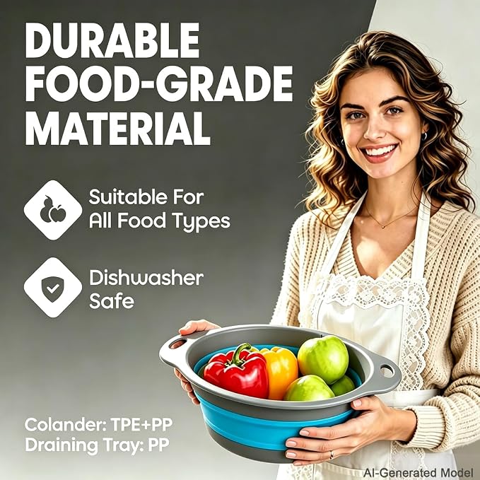 AUOON Collapsible Colander Set (3QT + 4QT) with Draining Base, Gray+Blue | Fast Draining, Heat-Resistant, Dishwasher Safe, Space-Saving, Food-grade TPE & PP for Pasta Noodles Vegetables and Fruits