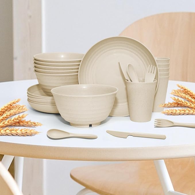 SHECIPIN 42-Piece Wheat Straw Dinnerware Set, Large Round Plates, Bowls and Cups, Unbreakable dish set, Dishwasher and Microwave Safe, Outdoor Dishes (Beige)