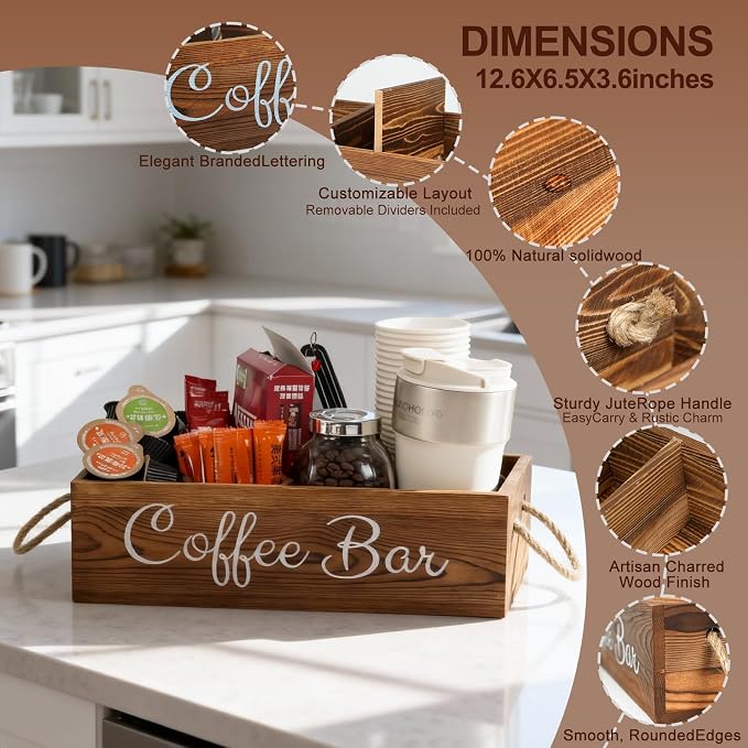 QUALLON Coffee Station Organizer with Small Removable Dividers, Wooden Coffee Bar Accessories Storage For Countertop, Farmhouse Kcup Coffee Pod Holder Basket With Handle For Coffee Lover