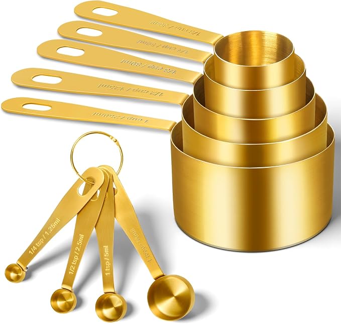 Gold Measuring Cups & Spoons Set for Cooking, 9pcs | 5 Stainless Steel Measuring Cups, 4 Measuring Spoons, Premium Finish Baking Gadgets for Dry & Liquid Ingredients