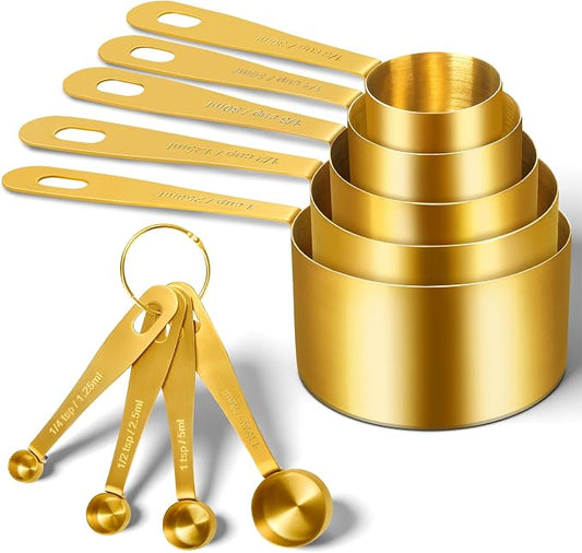Gold Measuring Cups & Spoons Set for Cooking, 9pcs | 5 Stainless Steel Measuring Cups, 4 Measuring Spoons, Premium Finish Baking Gadgets for Dry & Liquid Ingredients