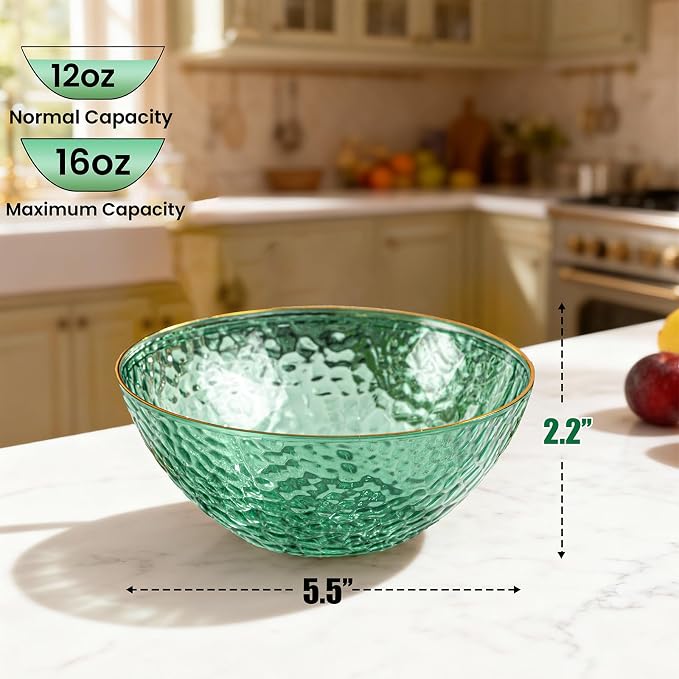 50 Pack 12 Ounce Clear Green Plastic Bowls Serving Bowls Hammered with Gold Rimmed, Heavy Duty Disposable Bowl Set,Small Bowls for Party Picnic
