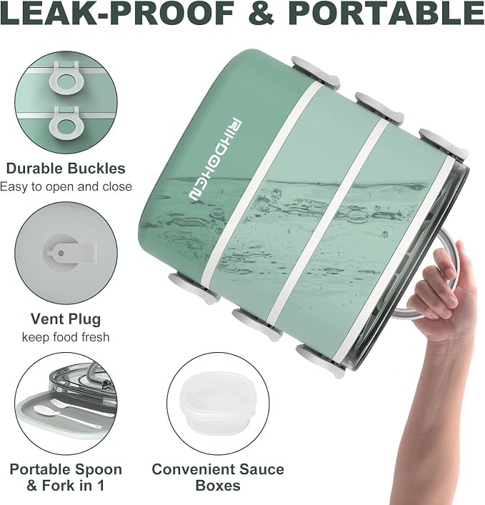 RIKDOKEN Lunch Box, Stackable 3 Layers Containers, Portable 94OZ Large Capacity Leakproof Bento Box with Spoon & Fork & Sauce Boxes, Microwave Safe Lunch Box for Kids and Adults